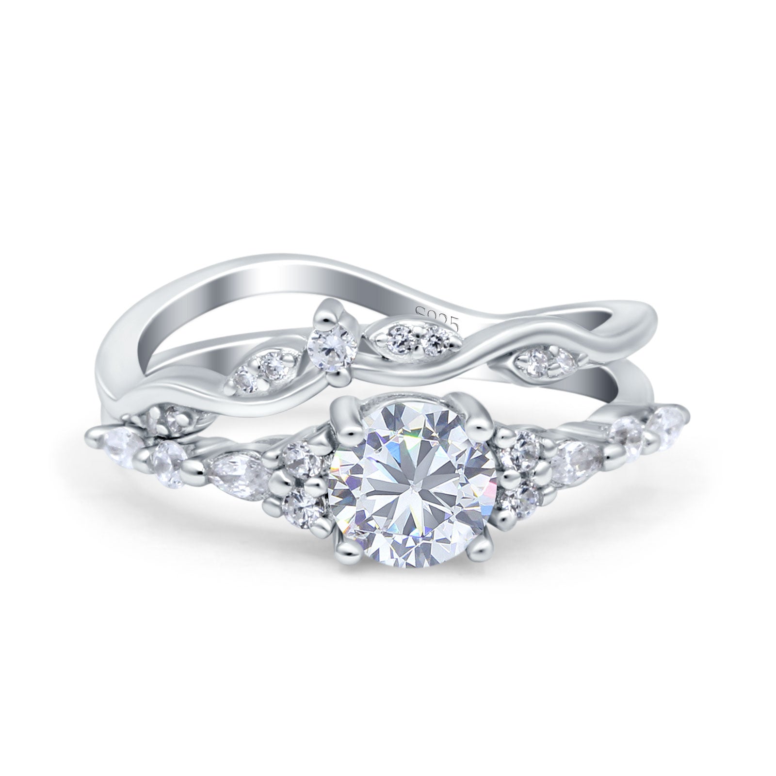 Two Piece Vintage Style Art Deco Engagement Bridal Set Ring Band Round Simulated Cubic Zirconia 925 Sterling Silver