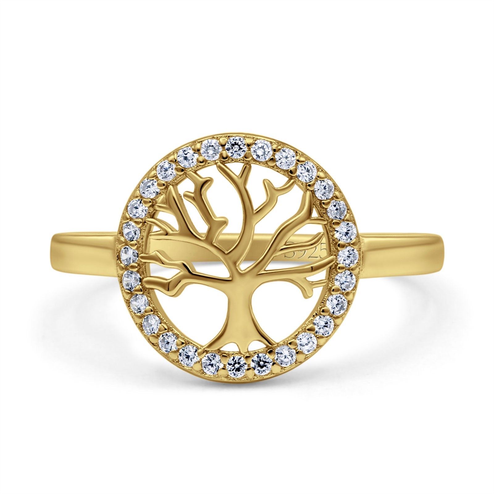 Tree of Life Wedding Ring Halo Round Pave Simulated Cubic Zirconia 925 Sterling Silver