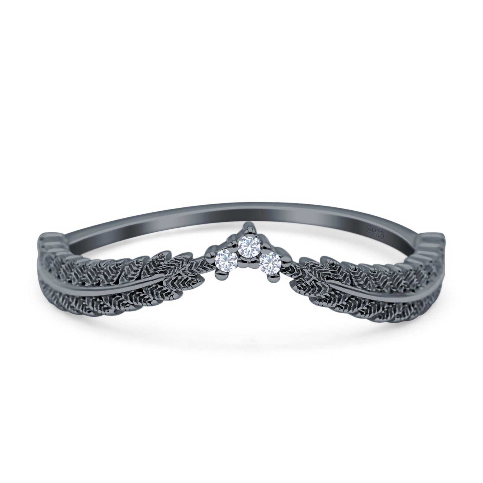 Curve Shape Leaf Design Wedding Engagement Ring Round Simulated Cubic Zirconia 925 Sterling Silver