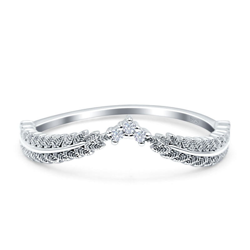 Curve Shape Leaf Design Wedding Engagement Ring Round Simulated Cubic Zirconia 925 Sterling Silver