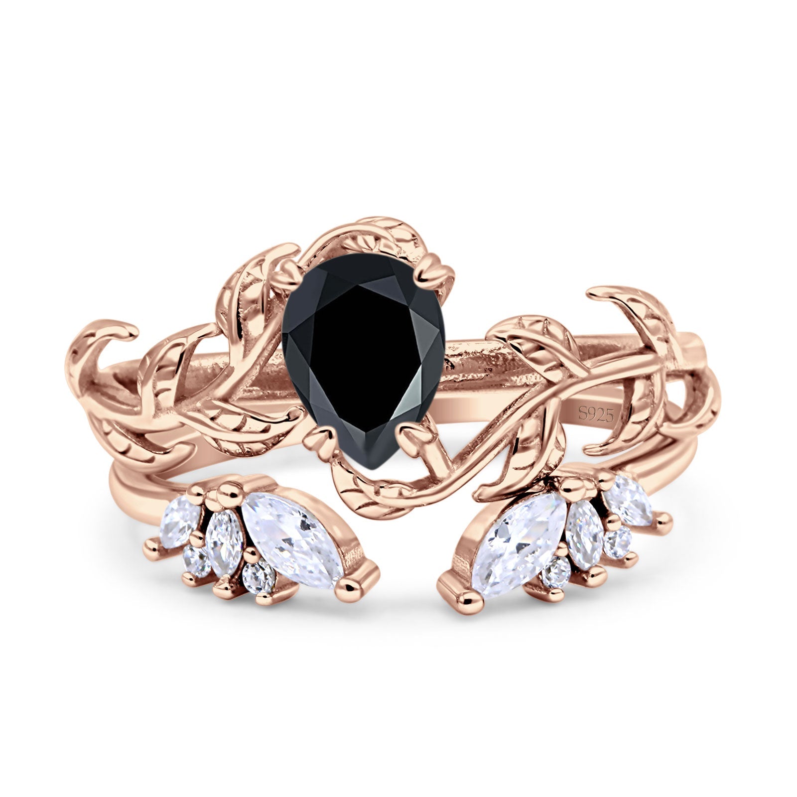 Art Deco Teardrop Pear Leaf Design Wedding Two Piece Ring Simulated Cubic Zirconia Stones 925 Sterling Silver