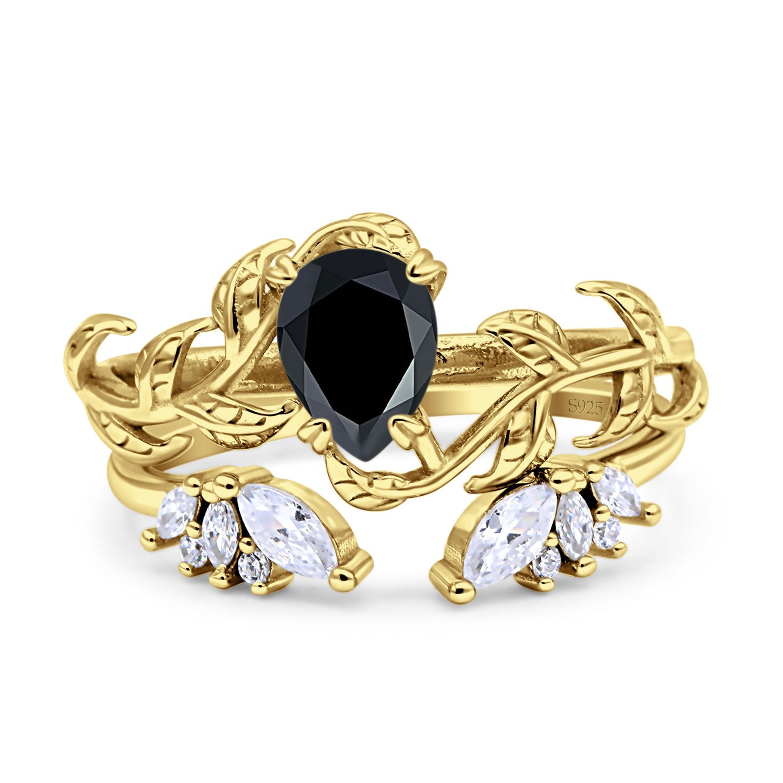 Art Deco Teardrop Pear Leaf Design Wedding Two Piece Ring Simulated Cubic Zirconia Stones 925 Sterling Silver