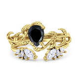 Art Deco Teardrop Pear Leaf Design Wedding Two Piece Ring Simulated Cubic Zirconia Stones 925 Sterling Silver