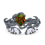 Art Deco Teardrop Pear Leaf Design Wedding Two Piece Ring Simulated Cubic Zirconia Stones 925 Sterling Silver