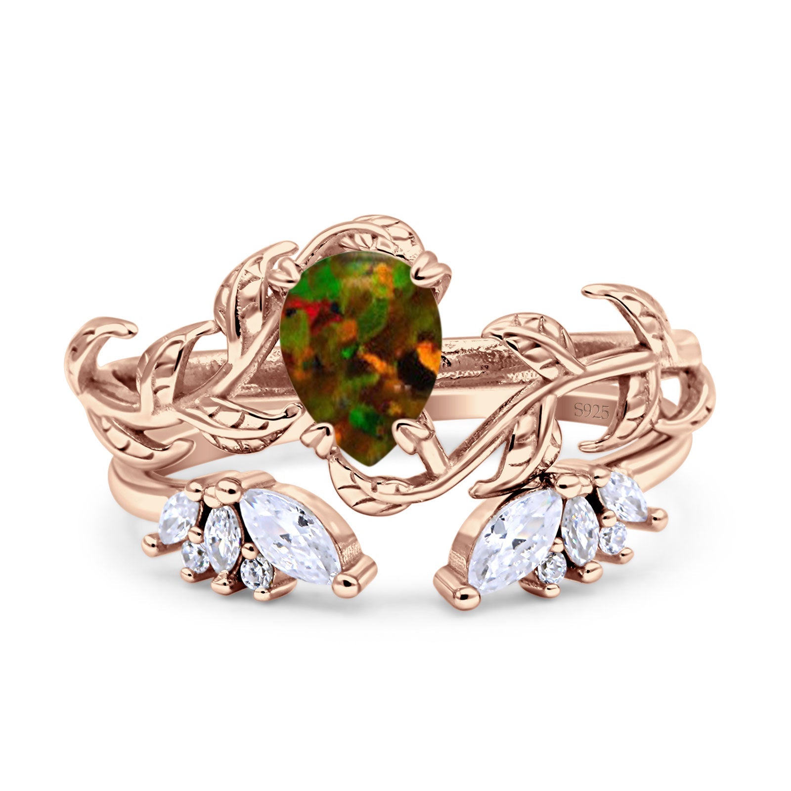 Art Deco Teardrop Pear Leaf Design Wedding Two Piece Ring Simulated Cubic Zirconia Stones 925 Sterling Silver