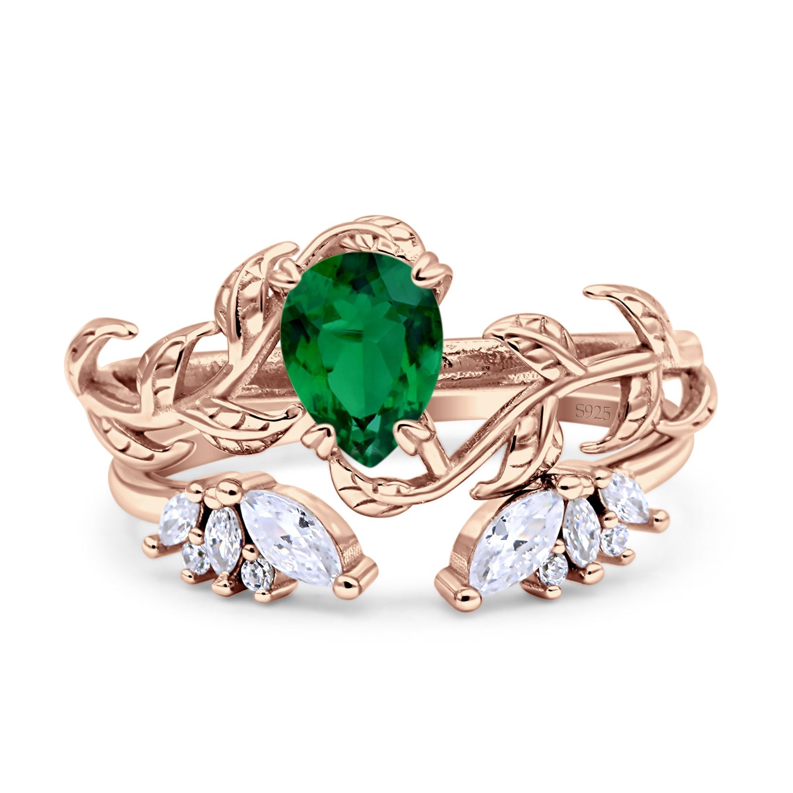 Art Deco Teardrop Pear Leaf Design Wedding Two Piece Ring Simulated Cubic Zirconia Stones 925 Sterling Silver