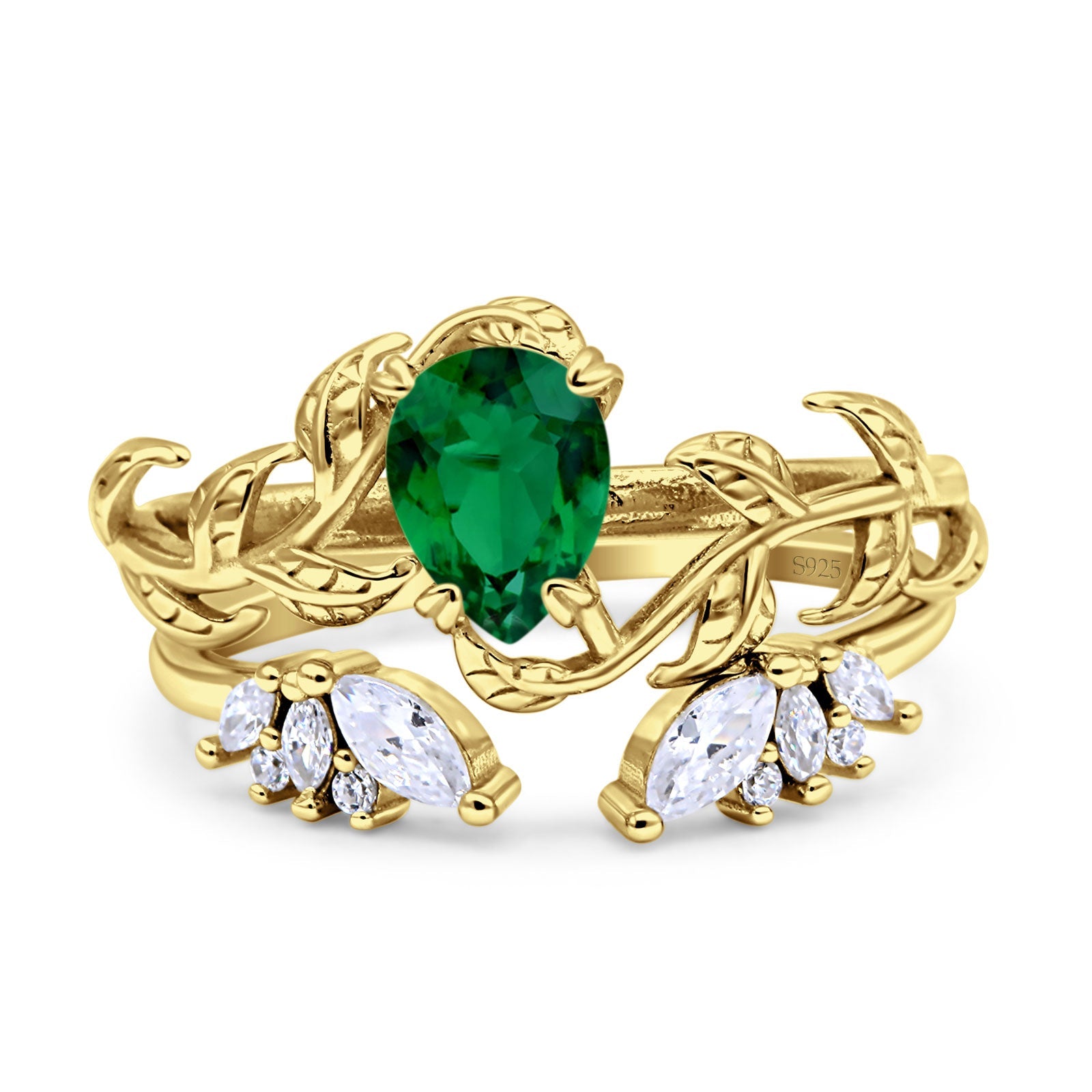 Art Deco Teardrop Pear Leaf Design Wedding Two Piece Ring Simulated Cubic Zirconia Stones 925 Sterling Silver