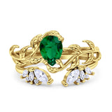 Art Deco Teardrop Pear Leaf Design Wedding Two Piece Ring Simulated Cubic Zirconia Stones 925 Sterling Silver