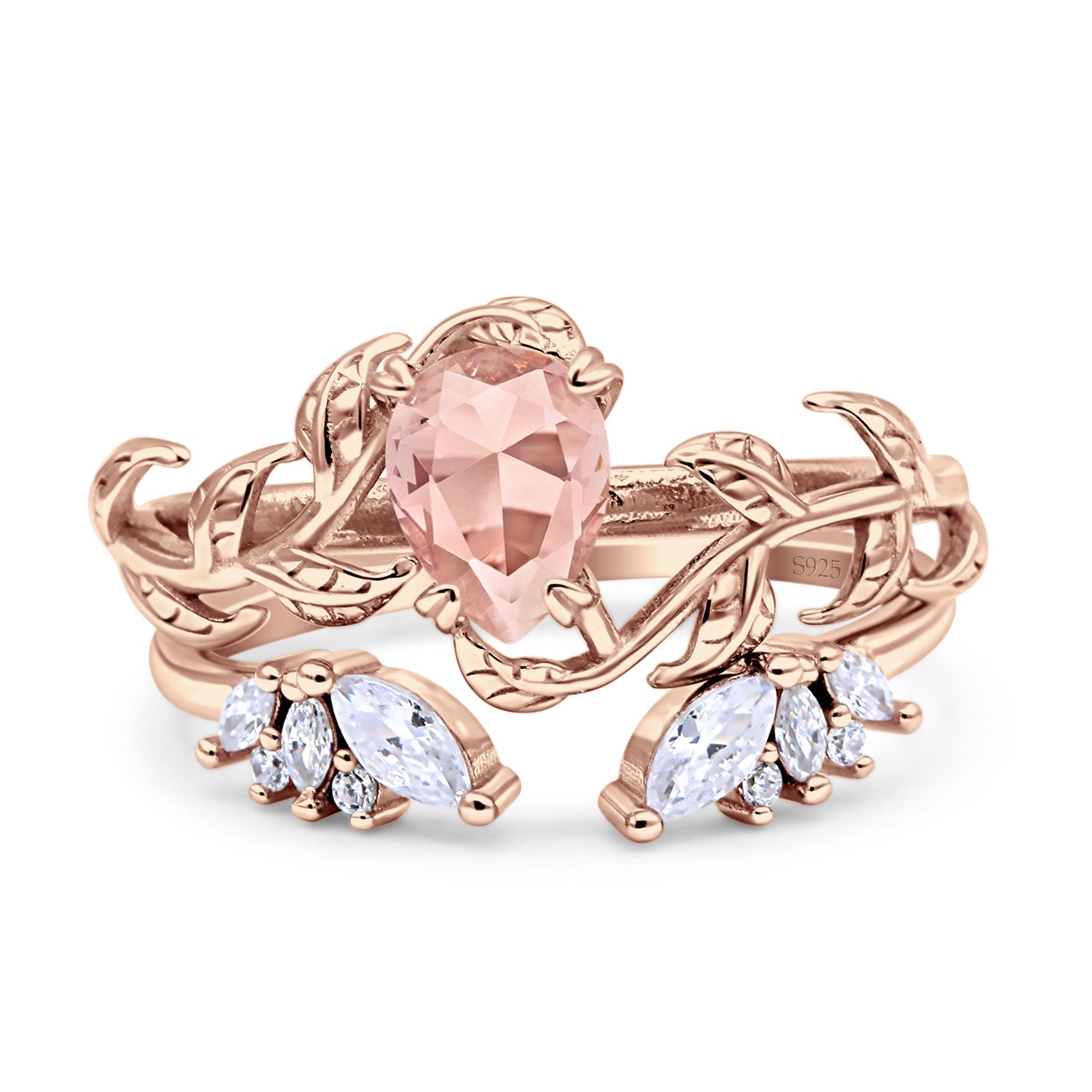 Art Deco Teardrop Pear Leaf Design Wedding Two Piece Ring Simulated Cubic Zirconia Stones 925 Sterling Silver