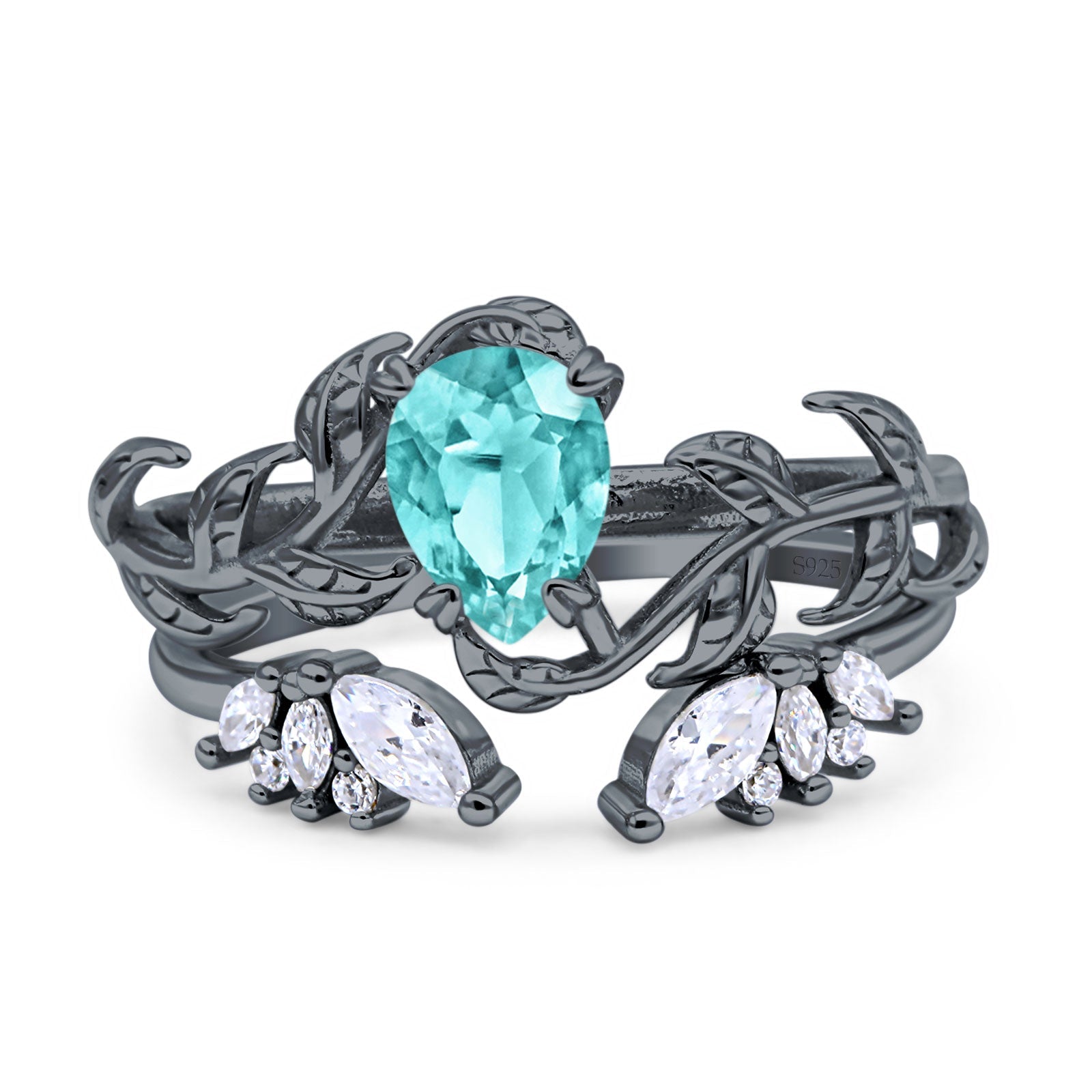Art Deco Teardrop Pear Leaf Design Wedding Two Piece Ring Simulated Cubic Zirconia Stones 925 Sterling Silver