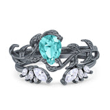 Art Deco Teardrop Pear Leaf Design Wedding Two Piece Ring Simulated Cubic Zirconia Stones 925 Sterling Silver