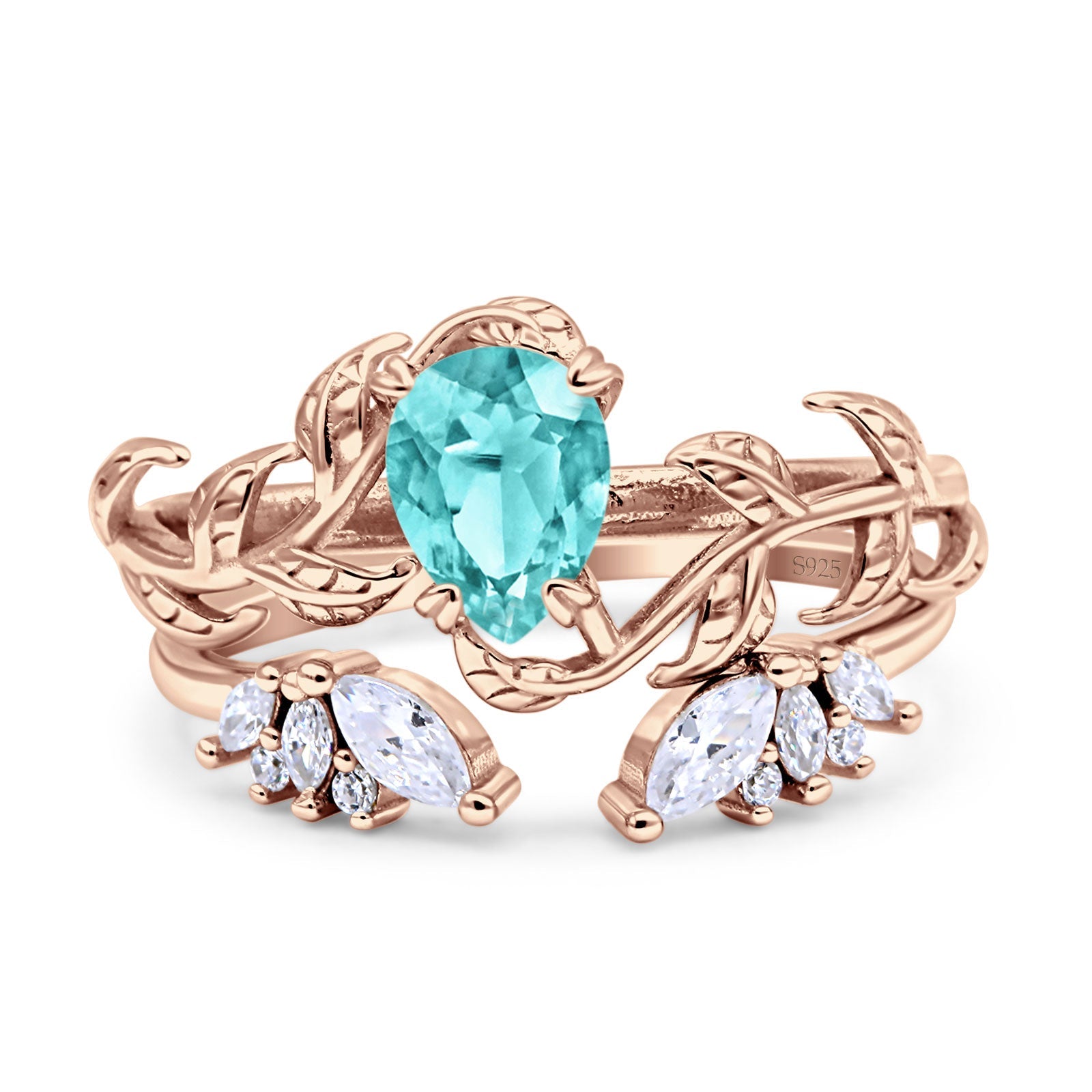 Art Deco Teardrop Pear Leaf Design Wedding Two Piece Ring Simulated Cubic Zirconia Stones 925 Sterling Silver