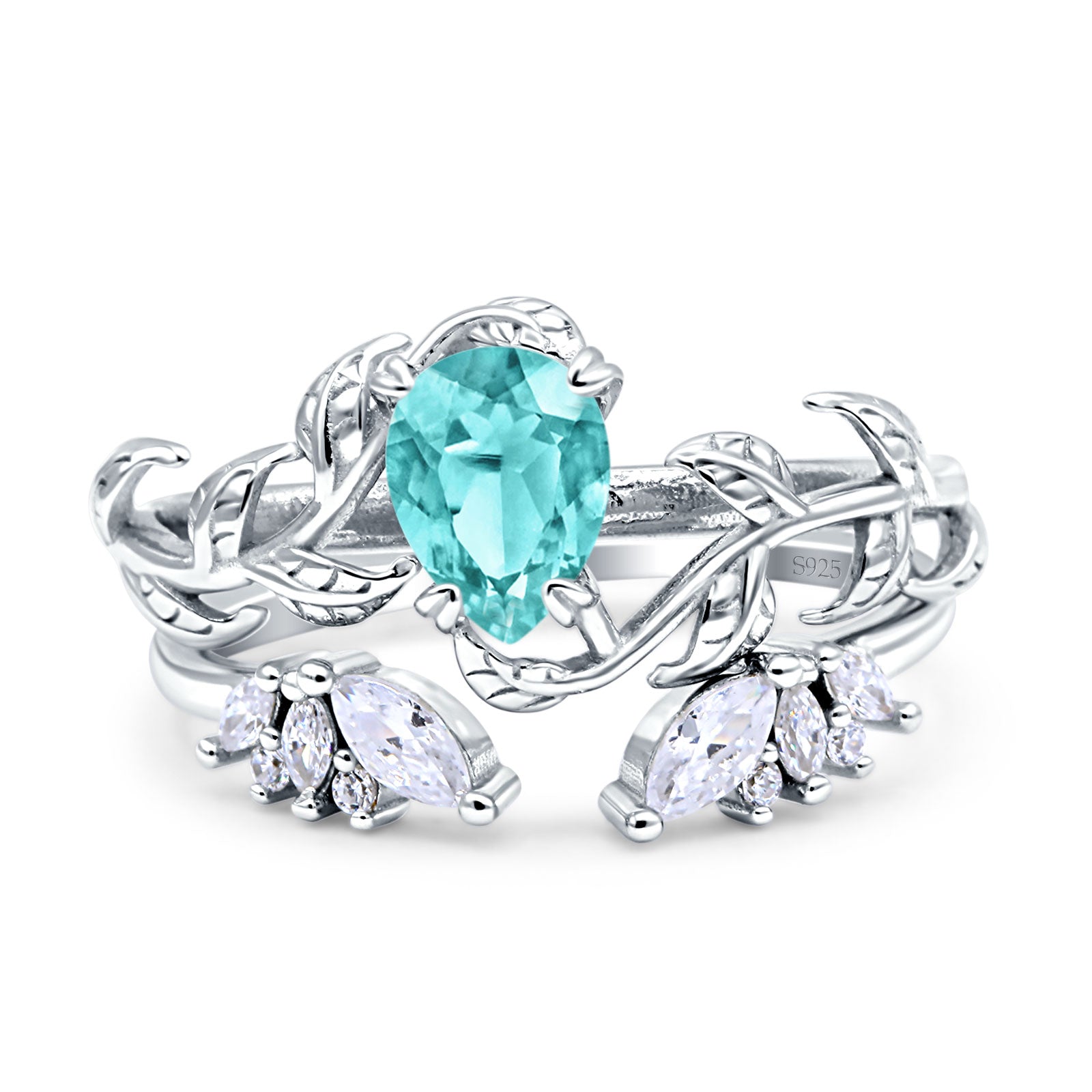 Art Deco Teardrop Pear Leaf Design Wedding Two Piece Ring Simulated Cubic Zirconia Stones 925 Sterling Silver