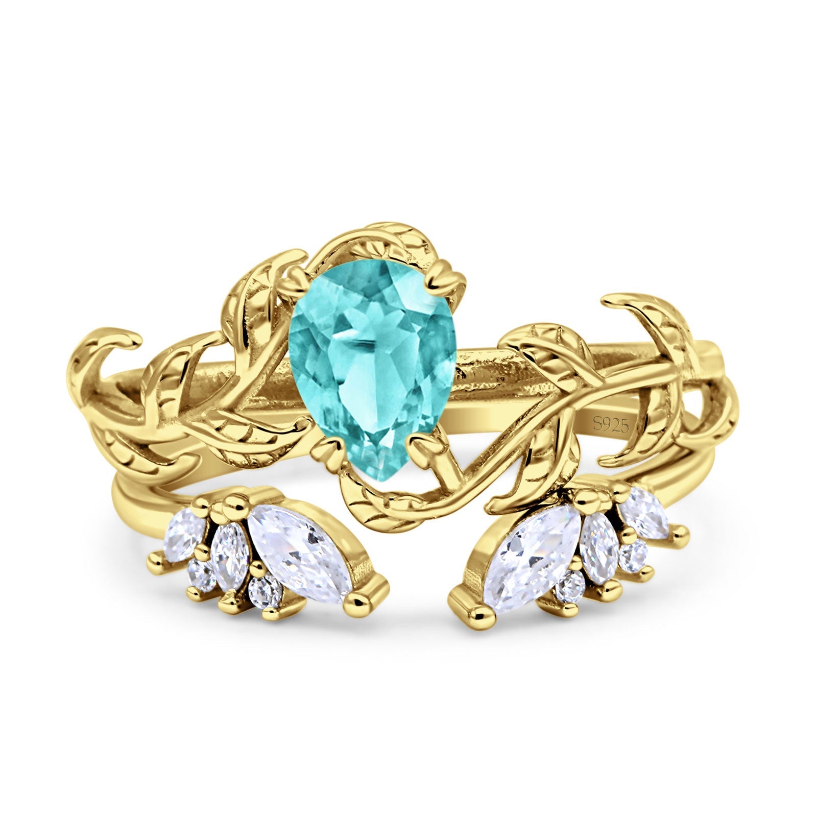 Art Deco Teardrop Pear Leaf Design Wedding Two Piece Ring Simulated Cubic Zirconia Stones 925 Sterling Silver