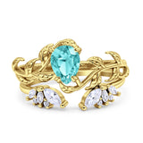 Art Deco Teardrop Pear Leaf Design Wedding Two Piece Ring Simulated Cubic Zirconia Stones 925 Sterling Silver