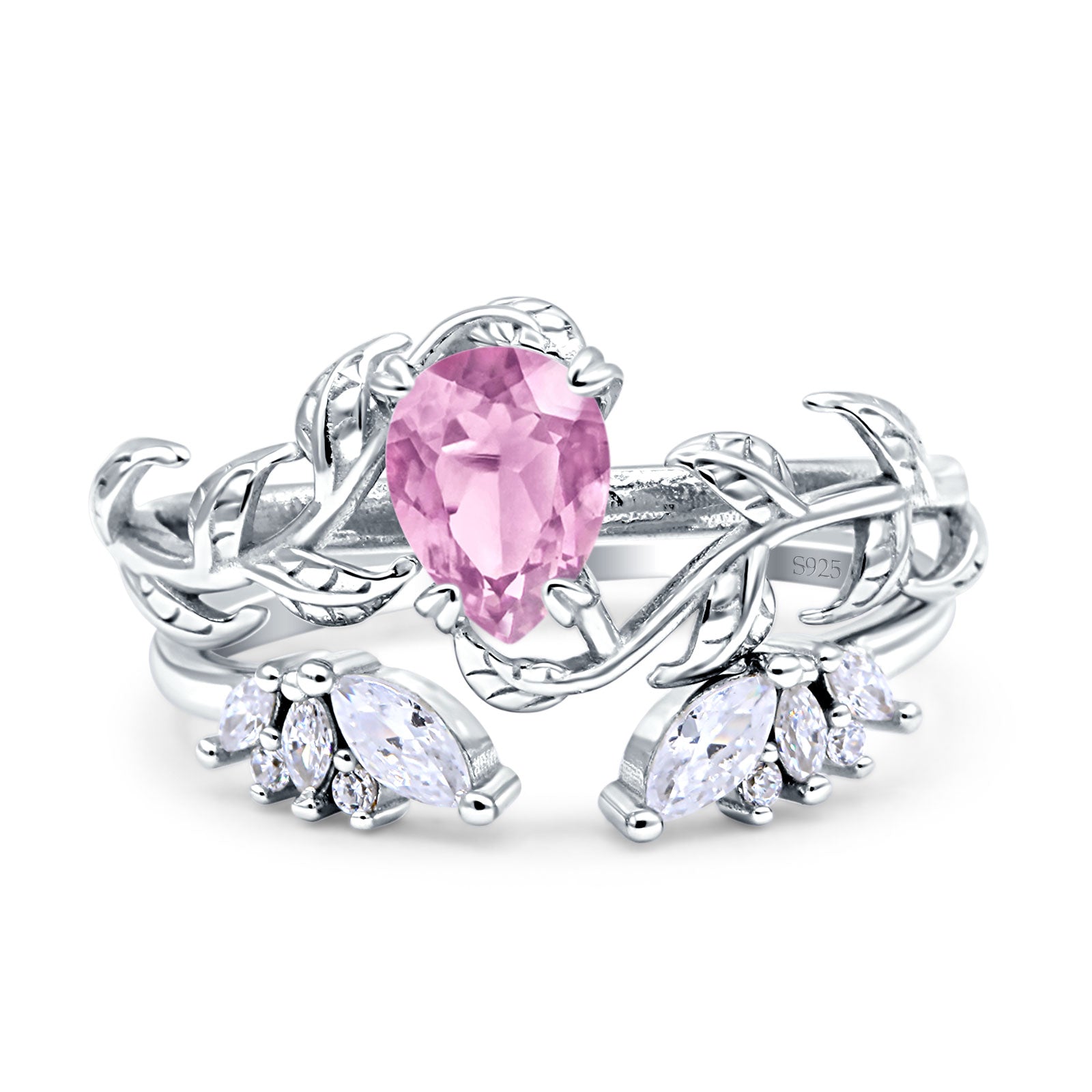 Art Deco Teardrop Pear Leaf Design Wedding Two Piece Ring Simulated Cubic Zirconia Stones 925 Sterling Silver