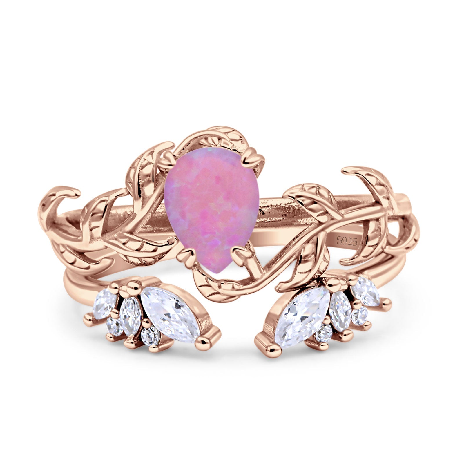 Art Deco Teardrop Pear Leaf Design Wedding Two Piece Ring Simulated Cubic Zirconia Stones 925 Sterling Silver