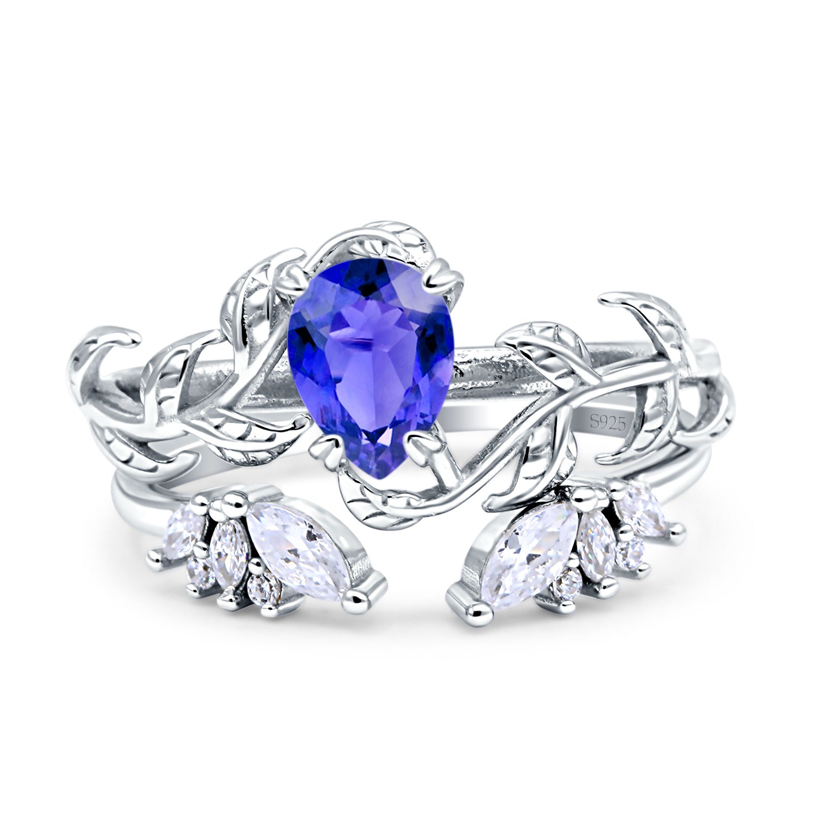 Art Deco Teardrop Pear Leaf Design Wedding Two Piece Ring Simulated Cubic Zirconia Stones 925 Sterling Silver