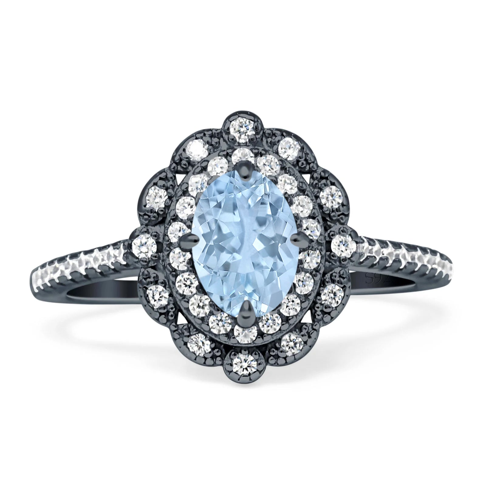 Vintage Style Oval Natural Aquamarine Halo Engagement Ring
