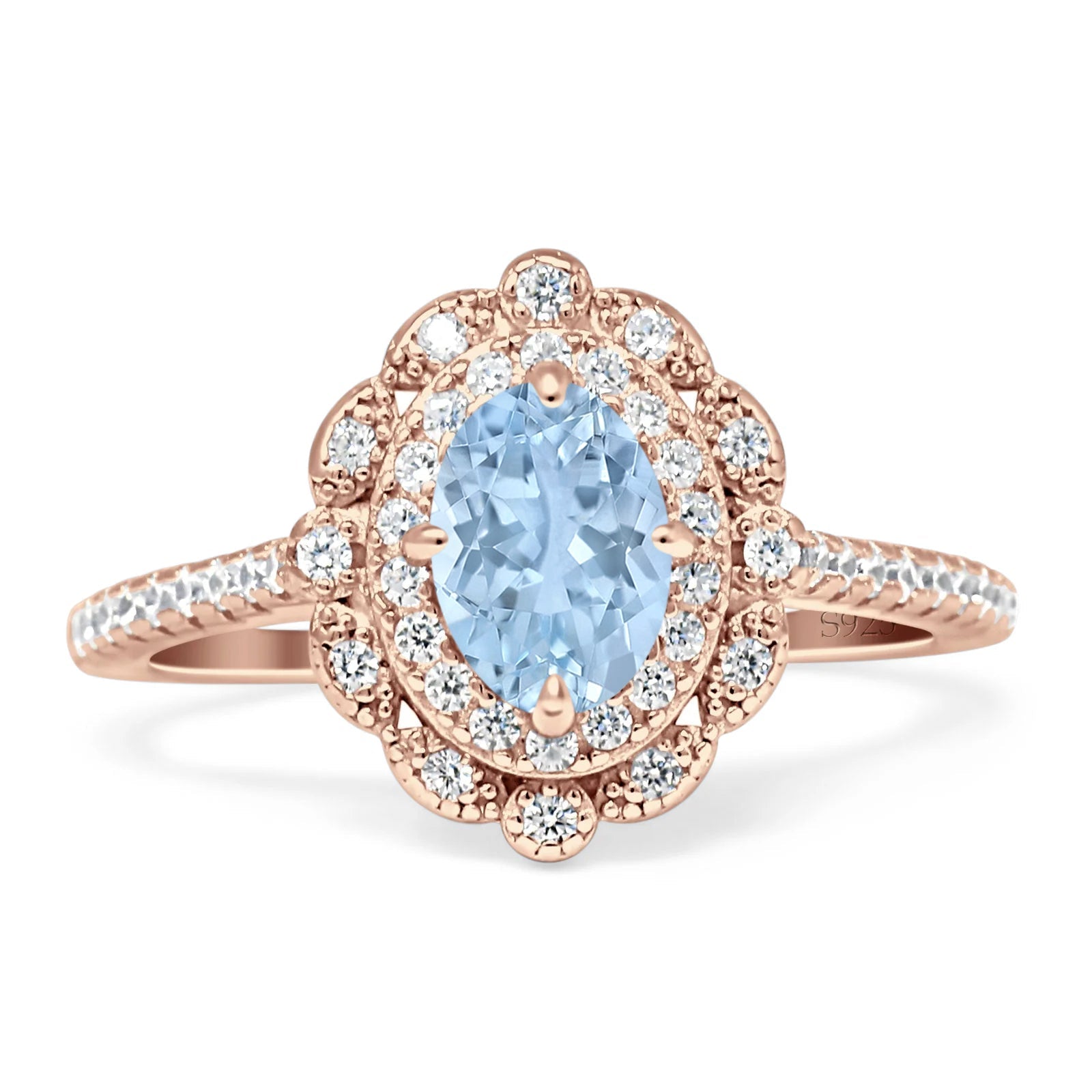 Vintage Style Oval Natural Aquamarine Halo Engagement Ring