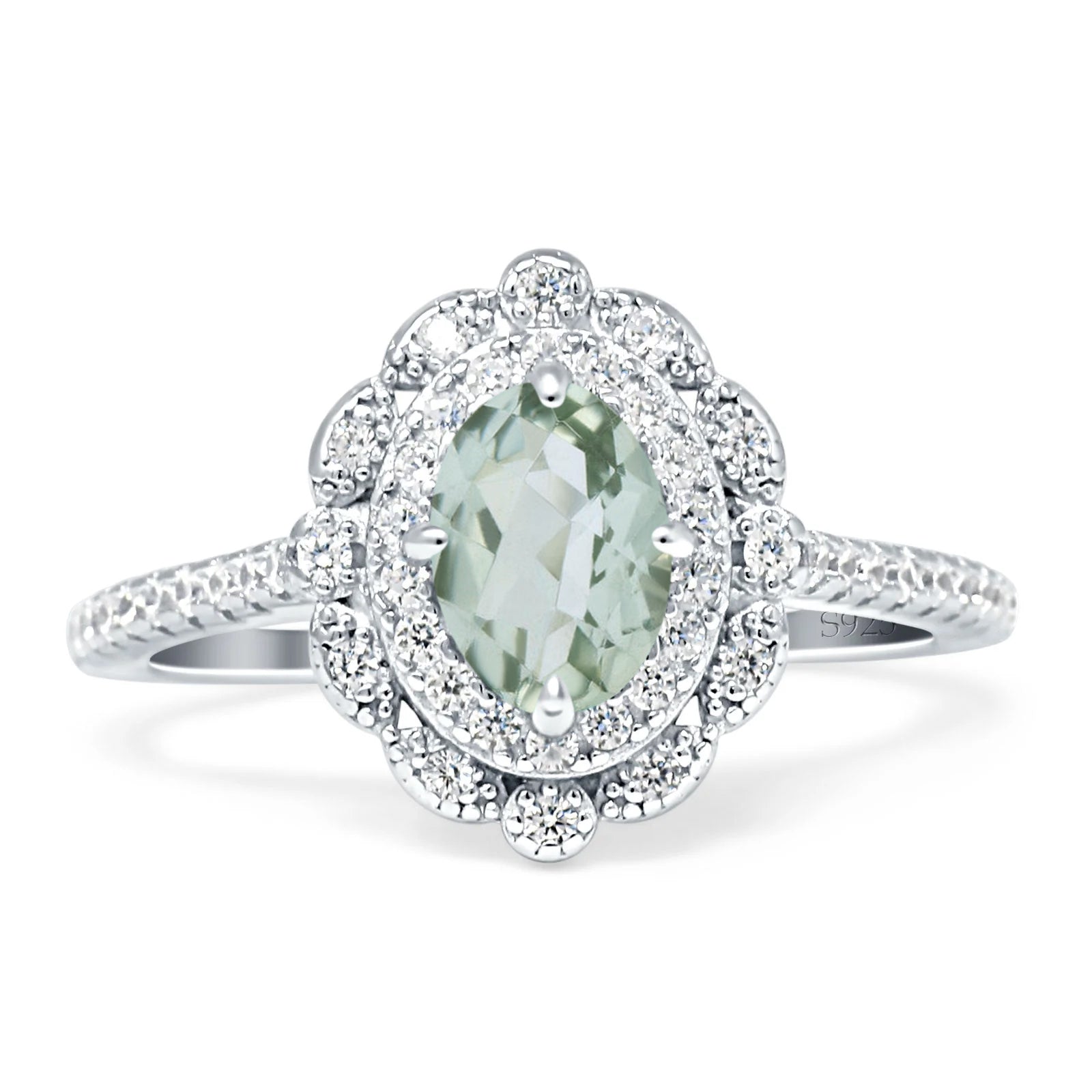 Vintage Style Oval Natural Green Amethyst Prasiolite Halo Engagement Ring