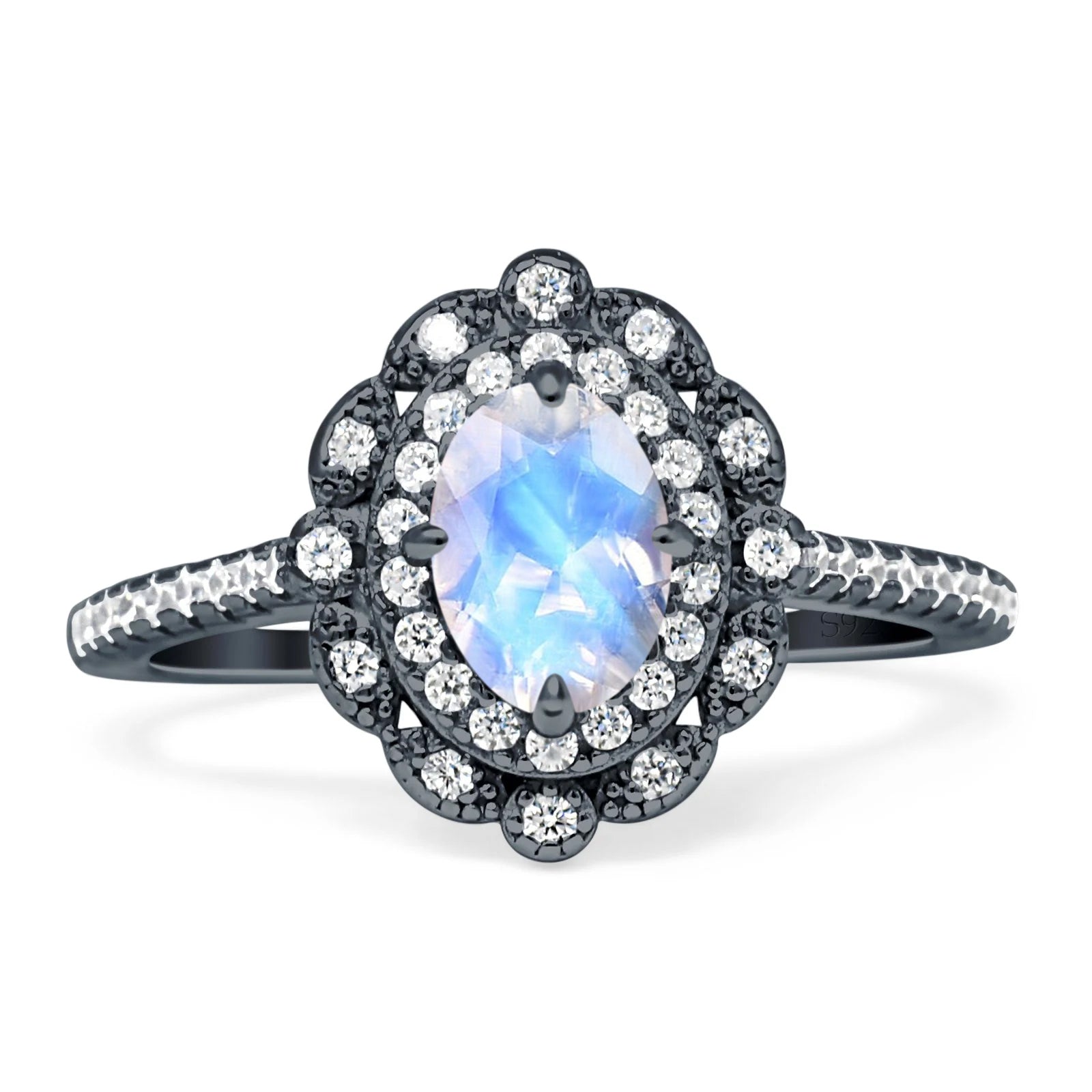 Vintage Style Oval Natural Moonstone Halo Engagement Ring