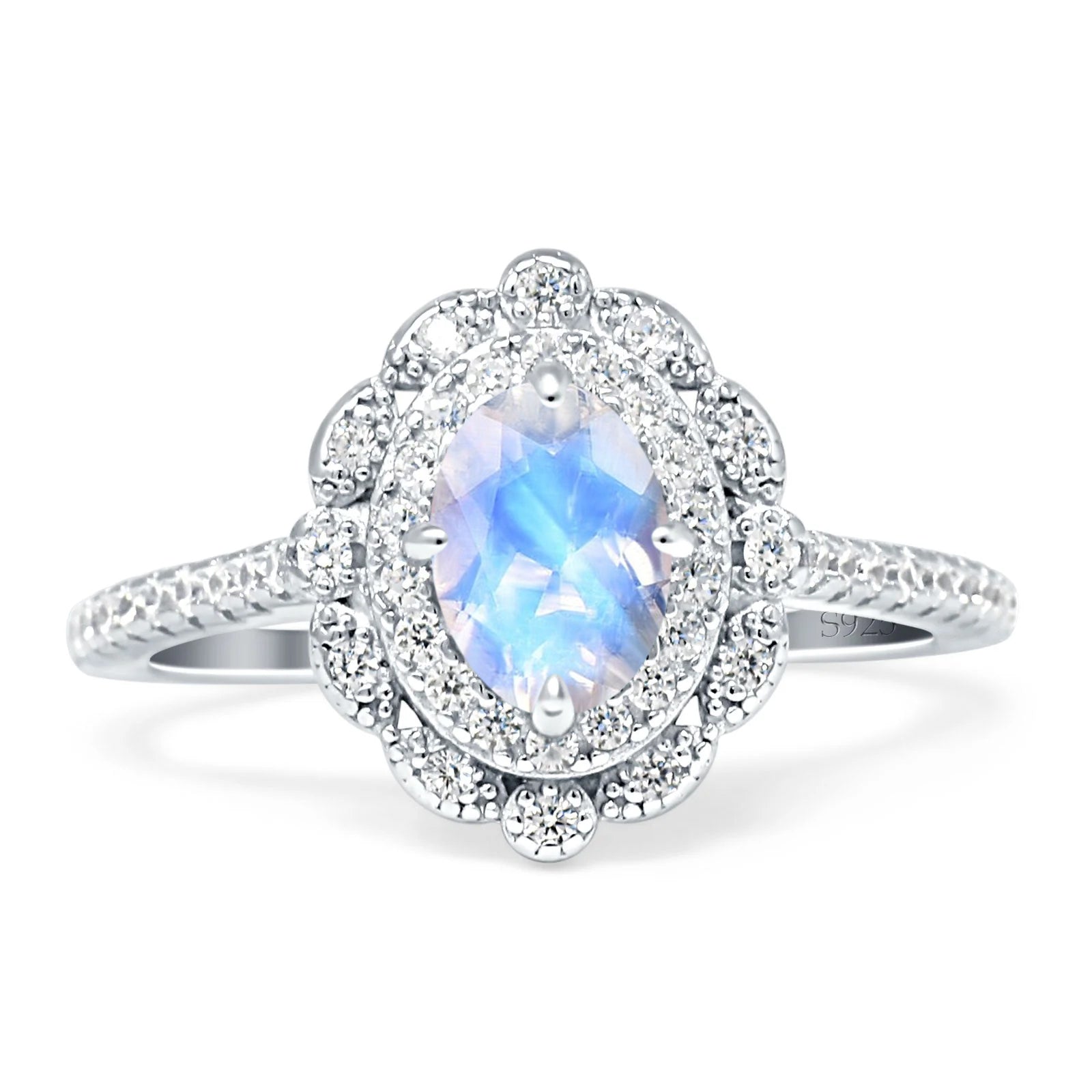 Vintage Style Oval Natural Moonstone Halo Engagement Ring