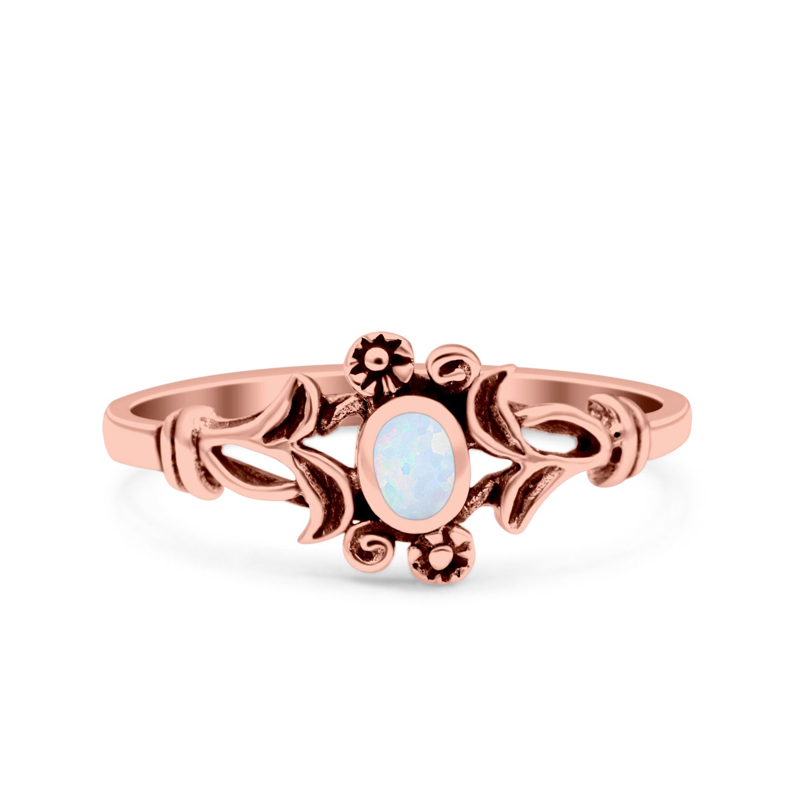 Vintage Style Petite Dainty Lab Opal Ring Solid Round Oxidized 925 Sterling Silver