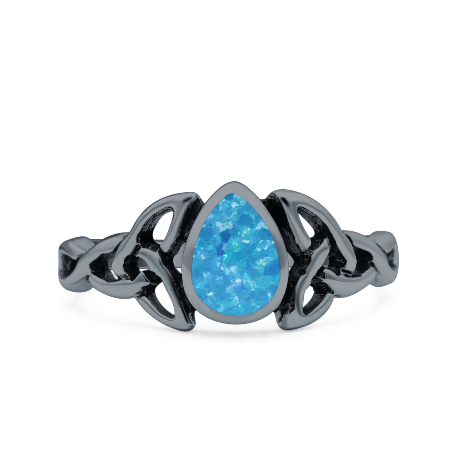 Celtic Pear Lab Opal Ring Solid Oxidized 925 Sterling Silver