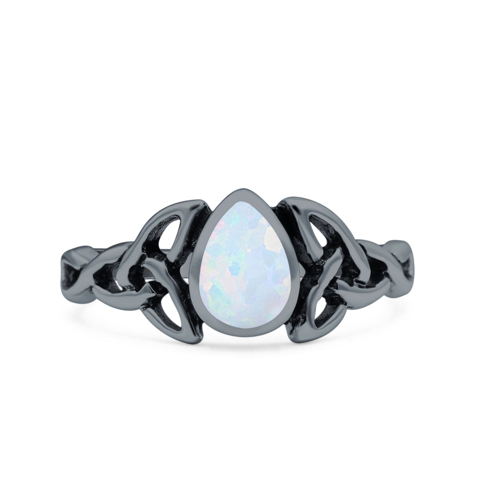 Celtic Pear Lab Opal Ring Solid Oxidized 925 Sterling Silver