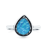Petite Dainty Pear Lab Opal Ring Solid Oxidized 925 Sterling Silver