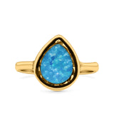Petite Dainty Pear Lab Opal Ring Solid Oxidized 925 Sterling Silver