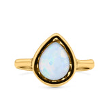 Petite Dainty Pear Lab Opal Ring Solid Oxidized 925 Sterling Silver
