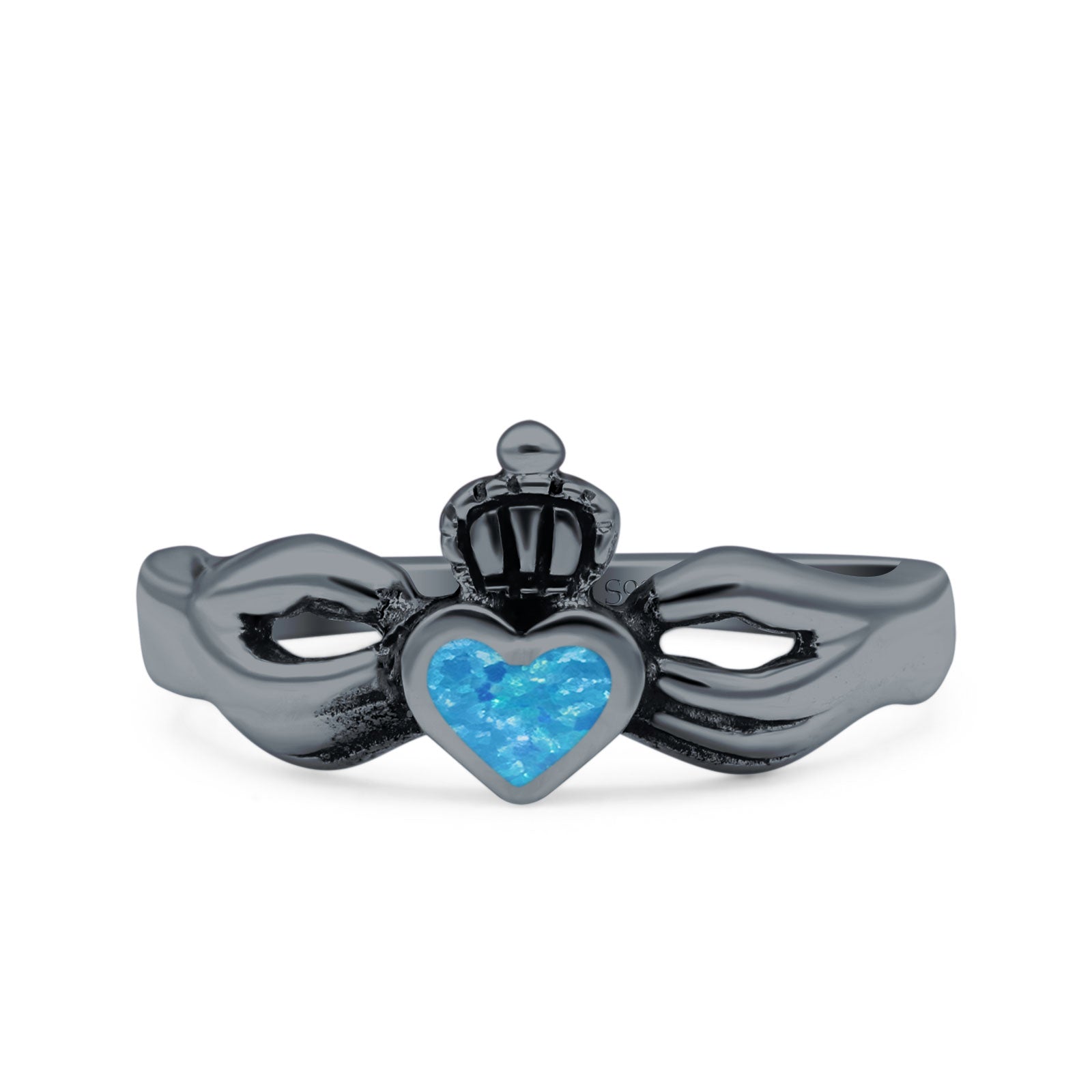 Petite Dainty Heart Lab Opal Ring Solid Oxidized 925 Sterling Silver