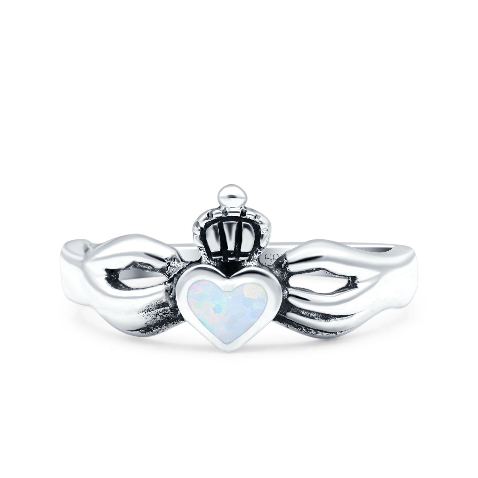 Petite Dainty Heart Lab Opal Ring Solid Oxidized 925 Sterling Silver