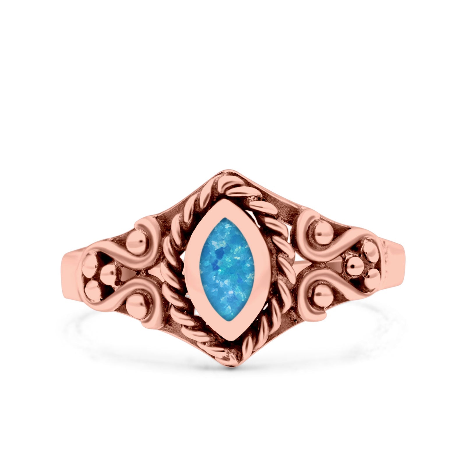 Vintage Style Marquise Lab Opal Ring Solid Oxidized 925 Sterling Silver