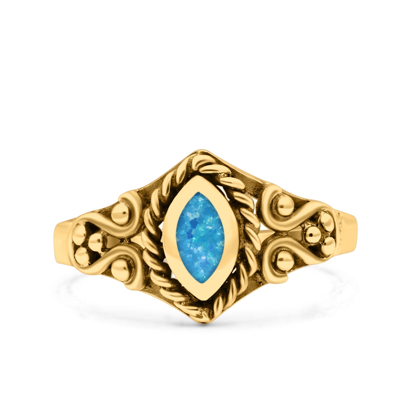 Vintage Style Marquise Lab Opal Ring Solid Oxidized 925 Sterling Silver