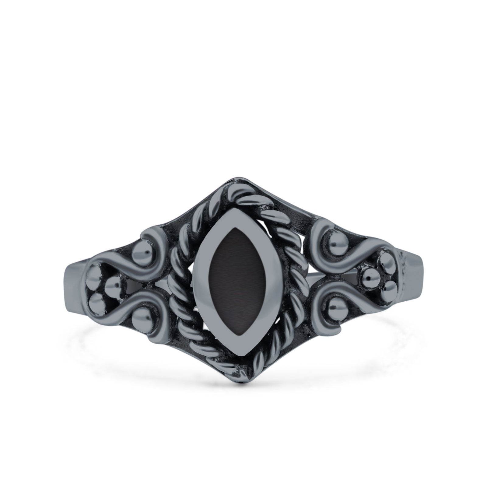 Vintage Style Marquise Lab Opal Ring Solid Oxidized 925 Sterling Silver