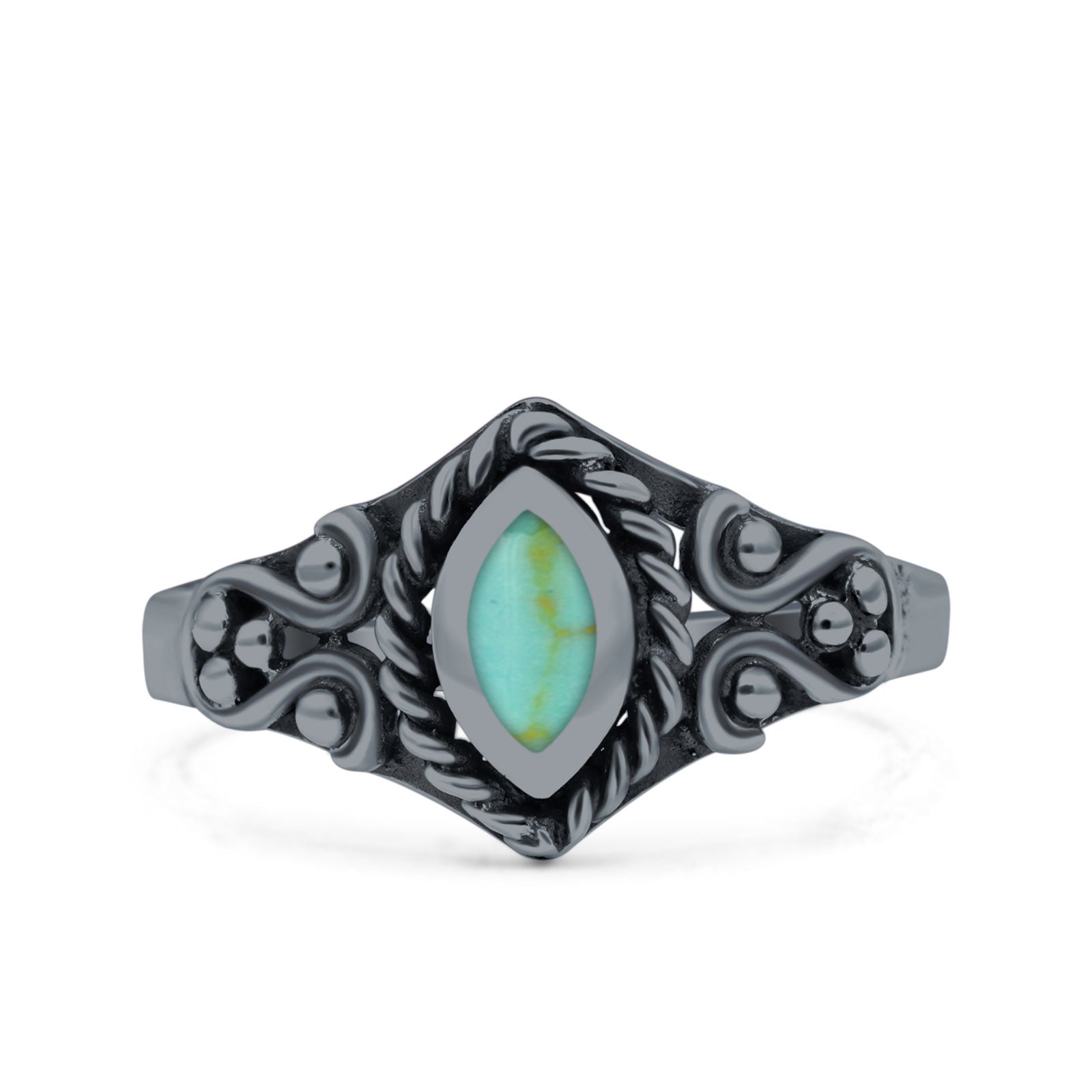 Vintage Style Marquise Lab Opal Ring Solid Oxidized 925 Sterling Silver