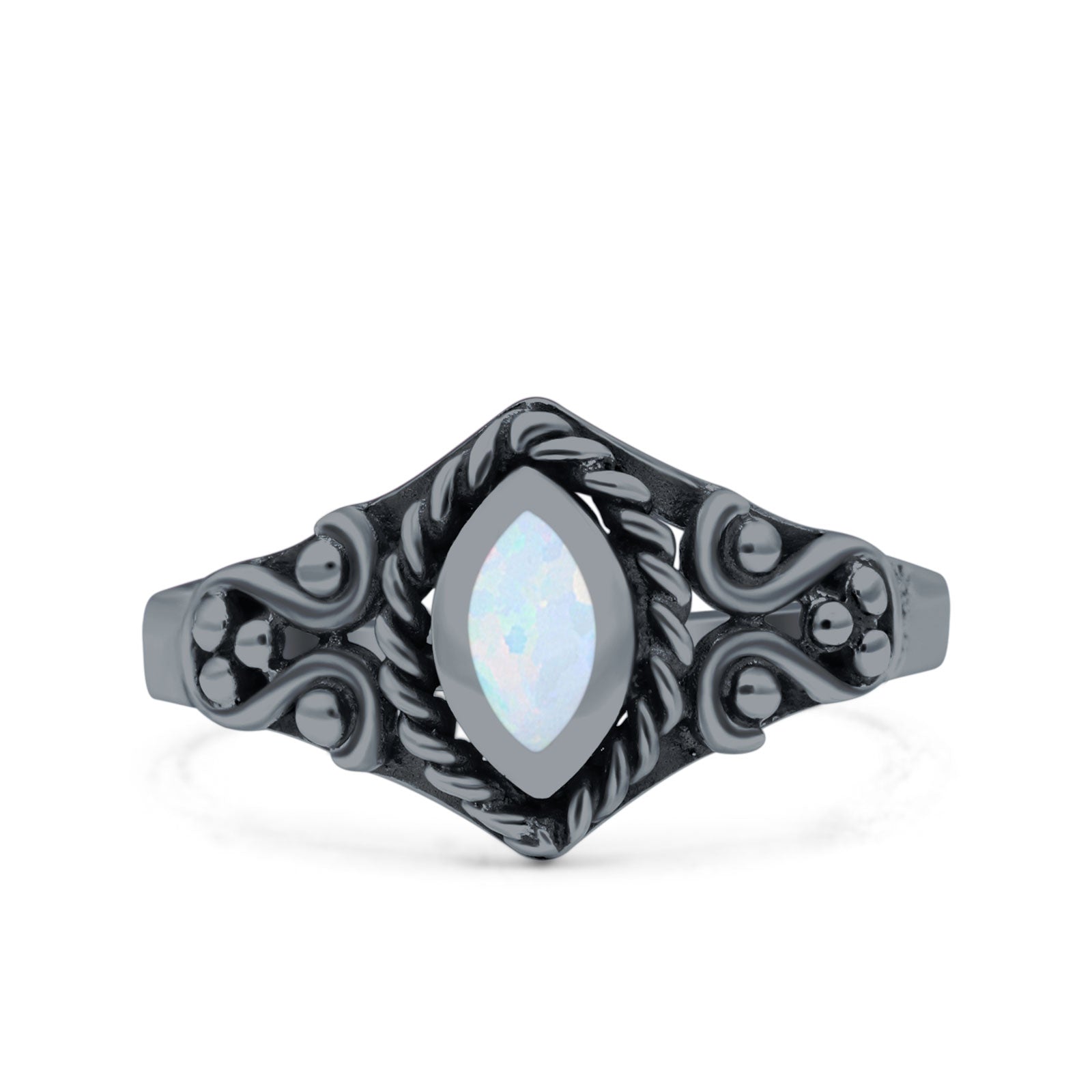 Vintage Style Marquise Lab Opal Ring Solid Oxidized 925 Sterling Silver