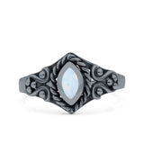 Vintage Style Marquise Lab Opal Ring Solid Oxidized 925 Sterling Silver