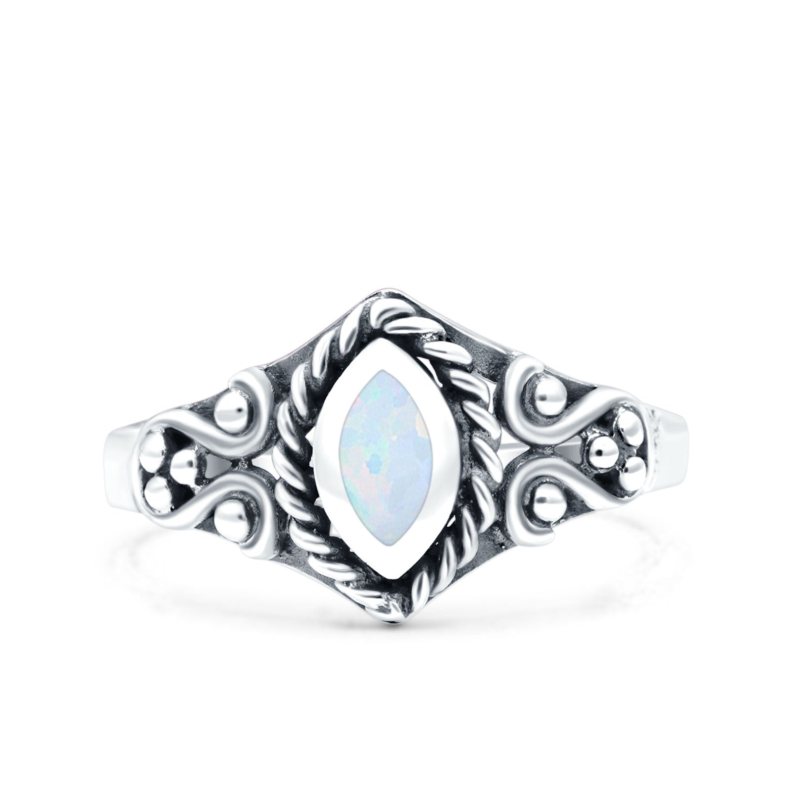 Vintage Style Marquise Lab Opal Ring Solid Oxidized 925 Sterling Silver
