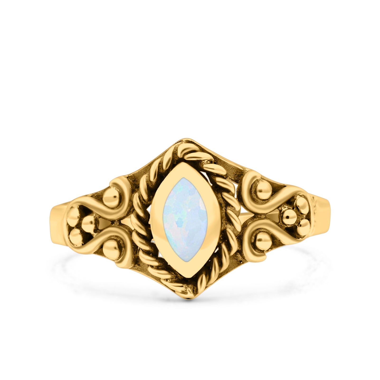 Vintage Style Marquise Lab Opal Ring Solid Oxidized 925 Sterling Silver