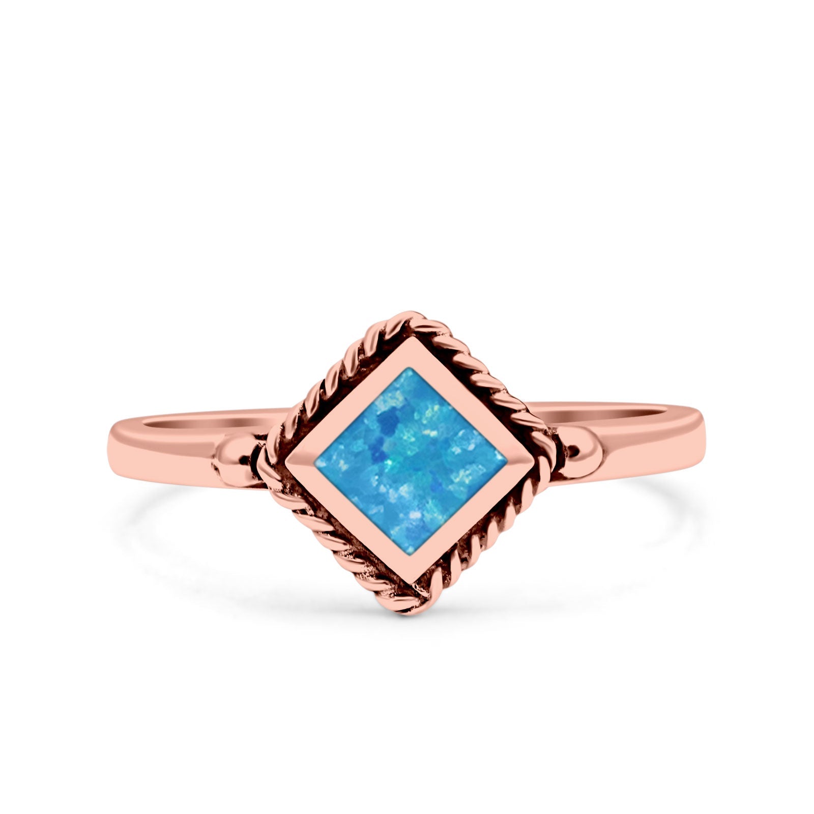 Square Vintage Style Petite Dainty Lab Opal Ring Solid Oxidized 925 Sterling Silver
