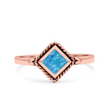 Square Vintage Style Petite Dainty Lab Opal Ring Solid Oxidized 925 Sterling Silver