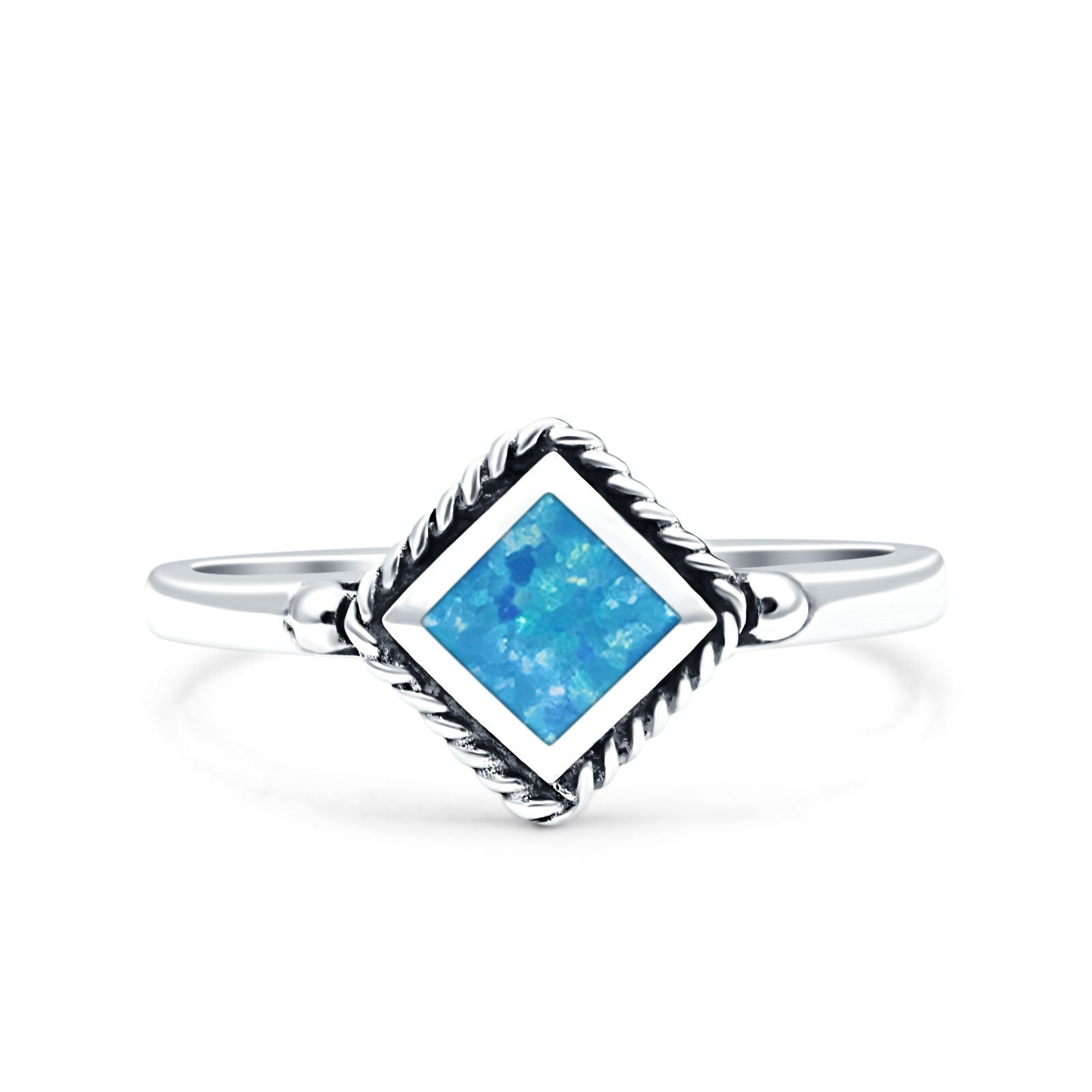 Square Vintage Style Petite Dainty Lab Opal Ring Solid Oxidized 925 Sterling Silver