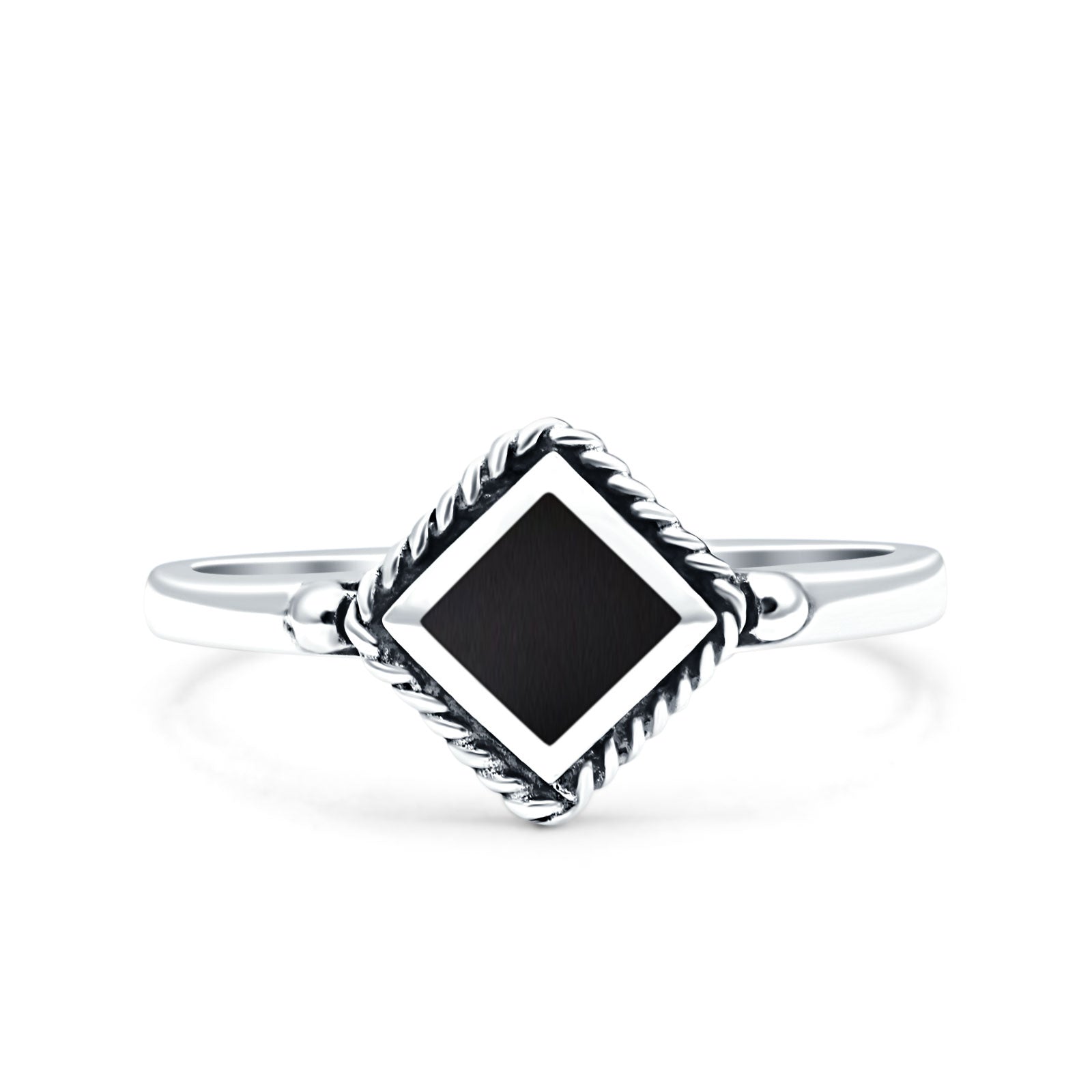 Square Vintage Style Petite Dainty Lab Opal Ring Solid Oxidized 925 Sterling Silver
