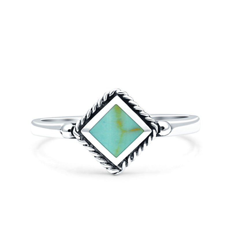 Square Vintage Style Petite Dainty Lab Opal Ring Solid Oxidized 925 Sterling Silver