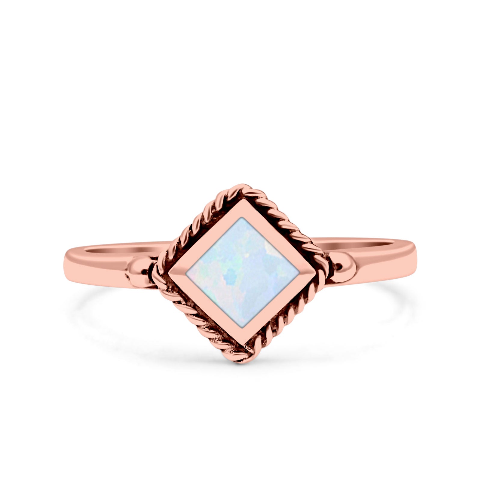 Square Vintage Style Petite Dainty Lab Opal Ring Solid Oxidized 925 Sterling Silver