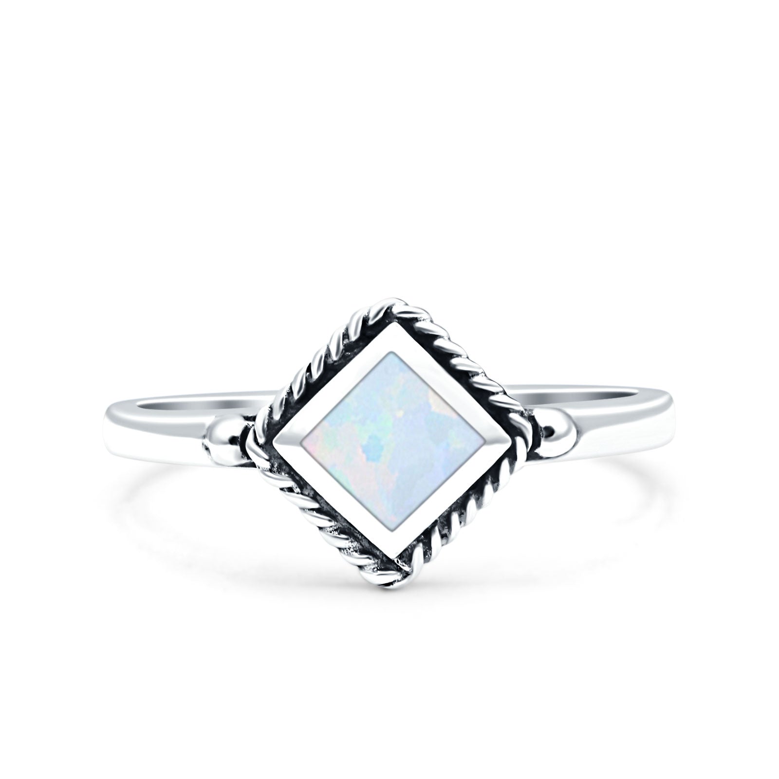 Square Vintage Style Petite Dainty Lab Opal Ring Solid Oxidized 925 Sterling Silver